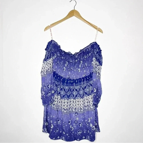 RAGA Anthropologie Willa Off Shoulder Smocked Blue Dress Size Small NWT - Picture 7 of 8